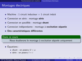 Fonctionnement de la machine

Caractéristiques électriques

Montages électriques
Machine : 1 circuit inducteur + 1 circuit induit
Connexion en série : montage série
Connexion en parallèle : montage shunt
Connexion indépendante : montage à excitation séparée
Des caractéristiques diﬀérentes

Dans ce cours
Nous étudierons le montage à excitation séparée uniquement
Équations :
shunt : on posera U = u
série : on posera I = i

IUT de Montpellier (Mesures Physiques)

La machine à courant continu

2010–2011

21 / 37

 