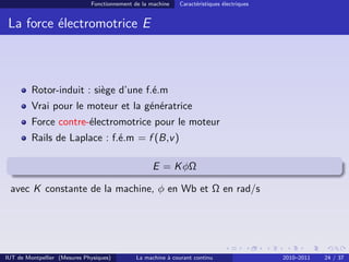 Fonctionnement de la machine

Caractéristiques électriques

La force électromotrice E

Rotor-induit : siège d’une f.é.m
Vrai pour le moteur et la génératrice
Force contre-électromotrice pour le moteur
Rails de Laplace : f.é.m = f (B,v )
E = K φΩ
avec K constante de la machine, φ en Wb et Ω en rad/s

IUT de Montpellier (Mesures Physiques)

La machine à courant continu

2010–2011

24 / 37

 