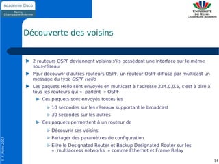 Découverte des voisins


                    2 routeurs OSPF deviennent voisins s'ils possèdent une interface sur le même
                    sous-réseau
                    Pour découvrir d'autres routeurs OSPF, un routeur OSPF diffuse par multicast un
                    message du type OSPF Hello
                    Les paquets Hello sont envoyés en multicast à l'adresse 224.0.0.5, c'est à dire à
                    tous les routeurs qui « parlent » OSPF
                        Ces paquets sont envoyés toutes les
                            10 secondes sur les réseaux supportant le broadcast
                            30 secondes sur les autres
                        Ces paquets permettent à un routeur de
                            Découvrir ses voisins
                            Partager des paramètres de configuration
© F. Nolot 2007




                            Elire le Designated Router et Backup Designated Router sur les
                            « multiaccess networks » comme Ethernet et Frame Relay

                                                                                                        14
 