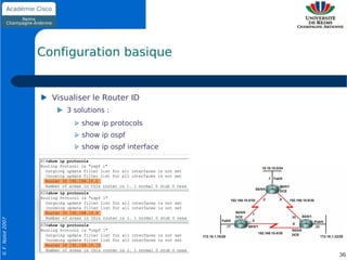 Configuration basique


                    Visualiser le Router ID
                       3 solutions :
                           show ip protocols
                           show ip ospf
                           show ip ospf interface
© F. Nolot 2007




                                                    36
 