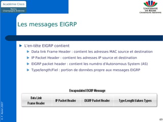 Les messages EIGRP


                    L'en-tête EIGRP contient
                       Data link Frame Header : contient les adresses MAC source et destination
                       IP Packet Header : contient les adresses IP source et destination
                       EIGRP packet header : contient les numéro d'Autonomous System (AS)
                       Type/length/Fiel : portion de données propre aux messages EIGRP
© F. Nolot 2007




                                                                                                  49
 