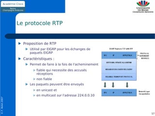 Le protocole RTP


                    Proposition de RTP
                       Utilisé par EIGRP pour les échanges de
                       paquets EIGRP
                    Caractéristiques :
                       Permet de faire à la fois de l'acheminement
                           fiable qui necessite des accusés
                           réceptions
                           non fiable
                       Les paquets peuvent être envoyés
                           en unicast et
                           en multicast sur l'adresse 224.0.0.10
© F. Nolot 2007




                                                                     57
 