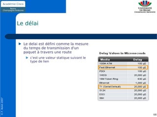 Le délai


                    Le delai est défini comme la mesure
                    du temps de transmission d'un
                    paquet à travers une route
                       c'est une valeur statique suivant le
                       type de lien
© F. Nolot 2007




                                                              68
 
