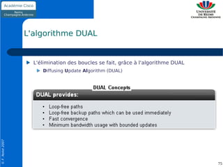 L'algorithme DUAL


                    L'élimination des boucles se fait, grâce à l'algorithme DUAL
                       Diffusing Update Algorithm (DUAL)
© F. Nolot 2007




                                                                                   75
 