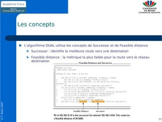 Les concepts


                    L'algorithme DUAL utilise les concepts de Successor et de Feasible distance
                        Successor : identifie la meilleure route vers une destination
                        Feasible distance : la métrique la plus faible pour la route vers le réseau
                        destination
© F. Nolot 2007




                                                                                                      77
 
