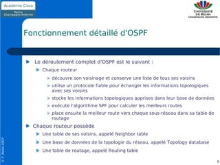 Fonctionnement détaillé d'OSPF


                    Le déroulement complet d'OSPF est le suivant :
                       Chaque routeur
                           découvre son voisinage et conserve une liste de tous ses voisins
                           utilise un protocole fiable pour échanger les informations topologiques
                           avec ses voisins
                           stocke les informations topologiques apprises dans leur base de données
                           exécute l'algorithme SPF pour calculer les meilleurs routes
                           place ensuite la meilleur route vers chaque sous-réseau dans sa table de
                           routage
                    Chaque routeur possède
                       Une table de ses voisins, appelé Neighbor table
© F. Nolot 2007




                       Une base de données de la topologie du réseau, appelé Topology database
                       Une table de routage, appelé Routing table

                                                                                                      9
 