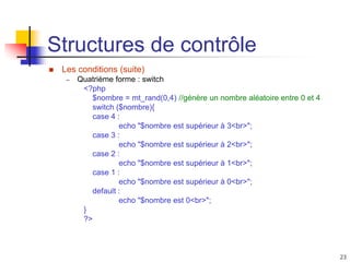 23
Structures de contrôle
 Les conditions (suite)
– Quatrième forme : switch
<?php
$nombre = mt_rand(0,4) //génère un nombre aléatoire entre 0 et 4
switch ($nombre){
case 4 :
echo "$nombre est supérieur à 3<br>";
case 3 :
echo "$nombre est supérieur à 2<br>";
case 2 :
echo "$nombre est supérieur à 1<br>";
case 1 :
echo "$nombre est supérieur à 0<br>";
default :
echo "$nombre est 0<br>";
}
?>
 