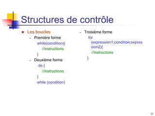 31
Structures de contrôle
 Les boucles
– Première forme
while(condition){
//instructions
}
– Deuxième forme
do {
//instructions
}
while (condition)
– Troisième forme
for
(expression1;condition;expres
sion2){
//instructions
}
 