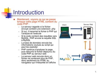 5
Introduction
 Maintenant, voyons ce qui se passe
lorsque votre page HTML contient du
code PHP :
– Le serveur regarde si le fichier
envoyé contient une extension .php
– Si oui, il transmet le fichier à PHP qui
l’analyse et l’exécute
– Si le code contient des requêtes vers
MySQL, PHP envoie la requête SQL
à MySQL
– La base de données renvoie les
informations voulues au script qui
peut les exploiter
– PHP continue d’analyser la page,
puis retourne le fichier dépourvu du
code PHP au serveur web
– Le serveur web renvoie donc un
fichier ne contenant plus de PHP,
donc seulement du HTML au
navigateur qui l'interprète et l'affiche
 