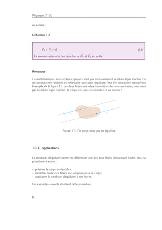 Physique 3e BC
ou encore :
Déﬁnition 1.2
F1 + F2 = 0 (1.1)
La somme vectorielle des deux forces F1 et F2 est nulle.
Remarque
En mathématiques, deux vecteurs opposés n’ont pas nécessairement la même ligne d’action. En
mécanique, cette condition est nécessaire pour avoir l’équilibre. Pour s’en convaincre, considérons
l’exemple de la ﬁgure 1.3. Les deux forces ont même intensité et des sens contraires, mais n’ont
pas la même ligne d’action ; le corps n’est pas en équilibre, il va tourner !
F1
F2
Figure 1.3.: Ce corps n’est pas en équilibre
1.3.3. Applications
La condition d’équilibre permet de déterminer une des deux forces connaissant l’autre. Voici la
procédure à suivre :
– préciser le corps en équilibre ;
– identiﬁer toutes les forces qui s’appliquent à ce corps ;
– appliquer la condition d’équilibre à ces forces.
Les exemples suivants illustrent cette procédure.
6
 