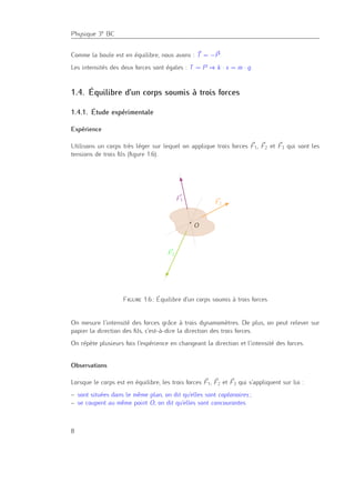 Physique 3e BC
Comme la boule est en équilibre, nous avons : T = −P.
Les intensités des deux forces sont égales : T = P ⇒ k · x = m · g.
1.4. Équilibre d’un corps soumis à trois forces
1.4.1. Étude expérimentale
Expérience
Utilisons un corps très léger sur lequel on applique trois forces F1, F2 et F3 qui sont les
tensions de trois ﬁls (ﬁgure 1.6).
F1
F2
F3
O
Figure 1.6.: Équilibre d’un corps soumis à trois forces
On mesure l’intensité des forces grâce à trois dynamomètres. De plus, on peut relever sur
papier la direction des ﬁls, c’est-à-dire la direction des trois forces.
On répète plusieurs fois l’expérience en changeant la direction et l’intensité des forces.
Observations
Lorsque le corps est en équilibre, les trois forces F1, F2 et F3 qui s’appliquent sur lui :
– sont situées dans le même plan, on dit qu’elles sont coplanaires ;
– se coupent au même point O, on dit qu’elles sont concourantes.
8
 
