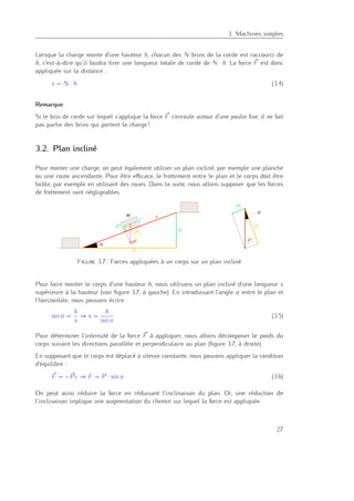 3
3. Machines simples
Lorsque la charge monte d’une hauteur h, chacun des N brins de la corde est raccourci de
h, c’est-à-dire qu’il faudra tirer une longueur totale de corde de N · h. La force F est donc
appliquée sur la distance :
s = N · h (3.4)
Remarque
Si le brin de corde sur lequel s’applique la force F s’enroule autour d’une poulie ﬁxe, il ne fait
pas partie des brins qui portent la charge !
3.2. Plan incliné
Pour monter une charge, on peut également utiliser un plan incliné, par exemple une planche
ou une route ascendante. Pour être eﬃcace, le frottement entre le plan et le corps doit être
faible, par exemple en utilisant des roues. Dans la suite, nous allons supposer que les forces
de frottement sont négligeables.
Figure 3.7.: Forces appliquées à un corps sur un plan incliné
Pour faire monter le corps d’une hauteur h, nous utilisons un plan incliné d’une longueur s
supérieure à la hauteur (voir ﬁgure 3.7, à gauche). En introduisant l’angle α entre le plan et
l’horizontale, nous pouvons écrire :
sin α =
h
s
⇒ s =
h
sin α
(3.5)
Pour déterminer l’intensité de la force F à appliquer, nous allons décomposer le poids du
corps suivant les directions parallèle et perpendiculaire au plan (ﬁgure 3.7, à droite).
En supposant que le corps est déplacé à vitesse constante, nous pouvons appliquer la condition
d’équilibre :
F = −PT ⇒ F = P · sin α (3.6)
On peut ainsi réduire la force en réduisant l’inclinaison du plan. Or, une réduction de
l’inclinaison implique une augmentation du chemin sur lequel la force est appliquée.
27
 
