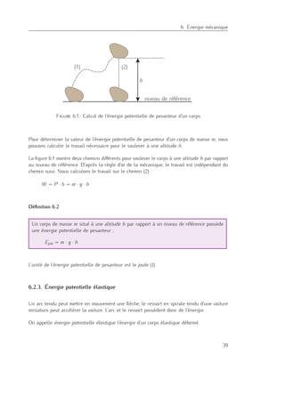 6
6. Énergie mécanique
(1) (2)
h
niveau de référence
Figure 6.1.: Calcul de l’énergie potentielle de pesanteur d’un corps
Pour déterminer la valeur de l’énergie potentielle de pesanteur d’un corps de masse m, nous
pouvons calculer le travail nécessaire pour le soulever à une altitude h.
La ﬁgure 6.1 montre deux chemins diﬀérents pour soulever le corps à une altitude h par rapport
au niveau de référence. D’après la règle d’or de la mécanique, le travail est indépendant du
chemin suivi. Nous calculons le travail sur le chemin (2) :
W = P · h = m · g · h
Déﬁnition 6.2
Un corps de masse m situé à une altitude h par rapport à un niveau de référence possède
une énergie potentielle de pesanteur :
Epot = m · g · h
L’unité de l’énergie potentielle de pesanteur est le joule (J).
6.2.3. Énergie potentielle élastique
Un arc tendu peut mettre en mouvement une ﬂèche, le ressort en spirale tendu d’une voiture
miniature peut accélérer la voiture. L’arc et le ressort possèdent donc de l’énergie.
On appelle énergie potentielle élastique l’énergie d’un corps élastique déformé.
39
 