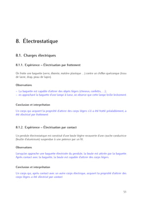 8
8. Électrostatique
8.1. Charges électriques
8.1.1. Expérience – Électrisation par frottement
On frotte une baguette (verre, ébonite, matière plastique . . .) contre un chiﬀon quelconque (tissu
de laine, drap, peau de lapin).
Observations
– La baguette est capable d’attirer des objets légers (cheveux, confettis, . . .) ;
– en approchant la baguette d’une lampe à lueur, on observe que cette lampe brille brièvement.
Conclusion et interprétation
Un corps qui acquiert la propriété d’attirer des corps légers s’il a été frotté préalablement, a
été électrisé par frottement.
8.1.2. Expérience – Électrisation par contact
Un pendule électrostatique est constitué d’une boule légère recouverte d’une couche conductrice
(feuille d’aluminium) suspendue à une potence par un ﬁl.
Observations
Lorsqu’on approche une baguette électrisée du pendule, la boule est attirée par la baguette.
Après contact avec la baguette, la boule est capable d’attirer des corps légers.
Conclusion et interprétation
Un corps qui, après contact avec un autre corps électrique, acquiert la propriété d’attirer des
corps légers a été électrisé par contact.
51
 