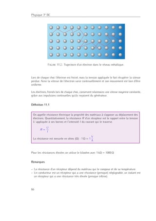 Physique 3e BC
Figure 11.2.: Trajectoire d’un électron dans le réseau métallique.
Lors de chaque choc l’électron est freiné, mais la tension appliquée le fait récupérer la vitesse
perdue. Ainsi la vitesse de l’électron varie continuellement et son mouvement est loin d’être
uniforme.
Les électrons, freinés lors de chaque choc, conservent néanmoins une vitesse moyenne constante,
grâce aux impulsions continuelles qu’ils reçoivent du générateur.
Déﬁnition 11.1
On appelle résistance électrique la propriété des matériaux à s’opposer au déplacement des
électrons. Quantitativement, la résistance R d’un récepteur est le rapport entre la tension
U appliquée à ses bornes et l’intensité I du courant qui le traverse.
R =
U
I
La résistance est mesurée en ohms (Ω) : 1 Ω = 1
V
A
Pour les résistances élevées on utilise le kiloohm avec 1 kΩ = 1000 Ω
Remarques
– La résistance d’un récepteur dépend du matériau qui le compose et de sa température.
– Un conducteur est un récepteur qui a une résistance (presque) négligeable, un isolant est
un récepteur qui a une résistance très élevée (presque inﬁnie).
66
 