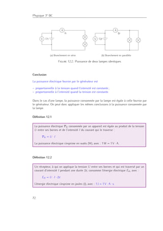 Physique 3e BC
A
V Us
Is
(a) Branchement en série
A
V Up
Ip
(b) Branchement en parallèle
Figure 12.2.: Puissance de deux lampes identiques
Conclusion
La puissance électrique fournie par le générateur est
– proportionnelle à la tension quand l’intensité est constante ;
– proportionnelle à l’intensité quand la tension est constante.
Dans le cas d’une lampe, la puissance consommée par la lampe est égale à celle fournie par
le générateur. On peut donc appliquer les mêmes conclusions à la puissance consommée par
la lampe.
Déﬁnition 12.1
La puissance électrique Pél consommée par un appareil est égale au produit de la tension
U entre ses bornes et de l’intensité I du courant qui le traverse :
Pél = U · I
La puissance électrique s’exprime en watts (W), avec : 1 W = 1 V · A.
Déﬁnition 12.2
Un récepteur, à qui on applique la tension U entre ses bornes et qui est traversé par un
courant d’intensité I pendant une durée ∆t, consomme l’énergie électrique Eél, avec :
Eél = U · I · ∆t
L’énergie électrique s’exprime en joules (J), avec : 1 J = 1 V · A · s.
72
 