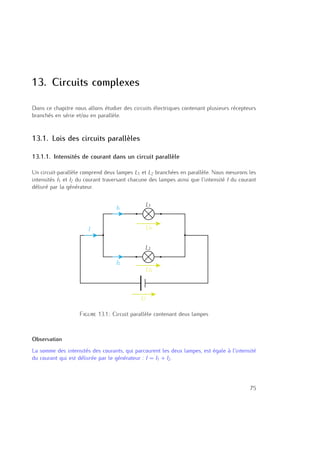 13. Circuits complexes
Dans ce chapitre nous allons étudier des circuits électriques contenant plusieurs récepteurs
branchés en série et/ou en parallèle.
13.1. Lois des circuits parallèles
13.1.1. Intensités de courant dans un circuit parallèle
Un circuit-parallèle comprend deux lampes L1 et L2 branchées en parallèle. Nous mesurons les
intensités I1 et I2 du courant traversant chacune des lampes ainsi que l’intensité I du courant
délivré par la générateur.
L1
L2
U1
U2
U
I
I2
I1
Figure 13.1.: Circuit parallèle contenant deux lampes
Observation
La somme des intensités des courants, qui parcourent les deux lampes, est égale à l’intensité
du courant qui est délivrée par le générateur : I = I1 + I2.
75
 