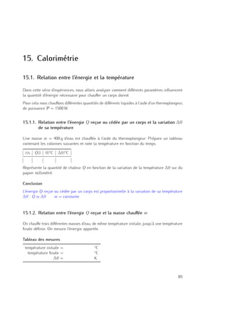 15. Calorimétrie
15.1. Relation entre l’énergie et la température
Dans cette série d’expériences, nous allons analyser comment diﬀérents paramètres inﬂuencent
la quantité d’énergie nécessaire pour chauﬀer un corps donné.
Pour cela nous chauﬀons diﬀérentes quantités de diﬀérents liquides à l’aide d’un thermoplongeur,
de puissance P = 1500 W.
15.1.1. Relation entre l’énergie Q reçue ou cédée par un corps et la variation ∆θ
de sa température
Une masse m = 400 g d’eau est chauﬀée à l’aide du thermoplongeur. Prépare un tableau
contenant les colonnes suivantes et note la température en fonction du temps.
t/s Q/J θ/◦C ∆θ/◦C
Représente la quantité de chaleur Q en fonction de la variation de la température ∆θ sur du
papier millimétré.
Conclusion
L’énergie Q reçue ou cédée par un corps est proportionnelle à la variation de sa température
∆θ : Q ∝ ∆θ m = constante
15.1.2. Relation entre l’énergie Q reçue et la masse chauﬀée m
On chauﬀe trois diﬀérentes masses d’eau, de même température initiale, jusqu’à une température
ﬁnale déﬁnie. On mesure l’énergie apportée.
Tableau des mesures
température initiale = ◦C
température ﬁnale = ◦C
∆θ = K
89
 