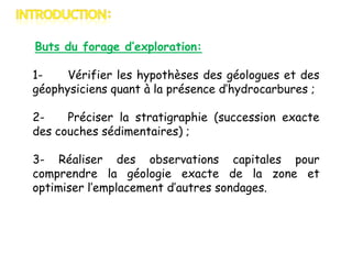 Buts du forage d’exploration:
1Vérifier les hypothèses des géologues et des
géophysiciens quant à la présence d’hydrocarbures ;

2Préciser la stratigraphie (succession exacte
des couches sédimentaires) ;
3- Réaliser des observations capitales pour
comprendre la géologie exacte de la zone et
optimiser l’emplacement d’autres sondages.

 