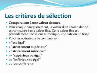 Les critères de sélection
 Comparaison à une valeur donnée.
 Pour chaque enregistrement, la valeur d'un champ donné
est comparée à une valeur fixe. Cette valeur fixe est
généralement une valeur numérique, une date ou un texte.
 Voici les opérateurs de comparaison:
 = "est égal"
 > "strictement supérieur"
 < "strictement inférieur"
 >= "supérieur ou égal"
 <= "inférieur ou égal"
 <> "est différent"
 