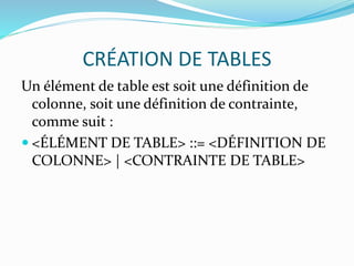 CRÉATION DE TABLES
Un élément de table est soit une définition de
colonne, soit une définition de contrainte,
comme suit :
 <ÉLÉMENT DE TABLE> ::= <DÉFINITION DE
COLONNE> | <CONTRAINTE DE TABLE>
 