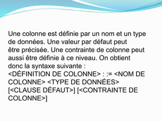Une colonne est définie par un nom et un type
de données. Une valeur par défaut peut
être précisée. Une contrainte de colonne peut
aussi être définie à ce niveau. On obtient
donc la syntaxe suivante :
<DÉFINITION DE COLONNE> : := <NOM DE
COLONNE> <TYPE DE DONNÉES>
[<CLAUSE DÉFAUT>] [<CONTRAINTE DE
COLONNE>]
 