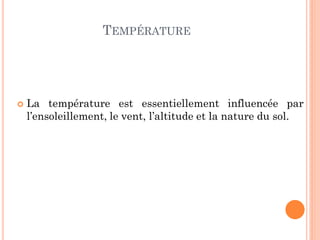 TEMPÉRATURE
 La température est essentiellement influencée par
l’ensoleillement, le vent, l’altitude et la nature du sol.
 