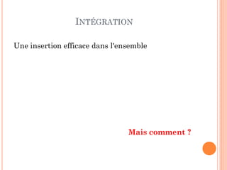 INTÉGRATION
Une insertion efficace dans l'ensemble
Mais comment ?
 