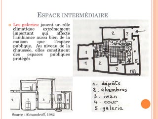 ESPACE INTERMÉDIAIRE
 Les galeries: jouent un rôle
climatique extrêmement
important qui affecte
l’ambiance aussi bien de la
maison que l’espace
publique. Au niveau de la
chaussée, elles constituent
des espaces publiques
protégés
Source : Alexandroff, 1982
 