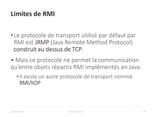 Limites de RMI
Your Date Here Your Footer Here 27
•Le protocole de transport utilisé par défaut par
RMI est JRMP (Java Remote Method Protocol)
construit au dessus de TCP.
• Mais ce protocole ne permet la communication
qu’entre objets répartis RMI implémentés en Java.
• Il existe un autre protocole de transport nommé
RMI/IIOP
 