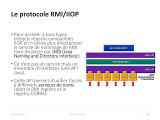 Le protocole RMI/IIOP
Your Date Here Your Footer Here 29
• Pour accéder à tous types
d’objets répartis compatibles
IIOP on n’utilise plus directement
le service de nommage de RMI
mais on passe par JNDI (Java
Naming and Directory Interface):
• Ce n’est pas un service mais un
ensemble d’interfaces (une API
Java).
• Cette API permet d’unifier l’accès
à différents serveurs de noms
(dont le RMI registry et le
registry CORBA).
 