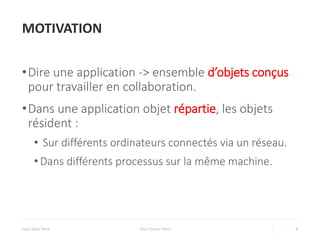 MOTIVATION
•Dire une application -> ensemble d’objets conçus
pour travailler en collaboration.
•Dans une application objet répartie, les objets
résident :
• Sur différents ordinateurs connectés via un réseau.
• Dans différents processus sur la même machine.
Your Date Here Your Footer Here 5
 