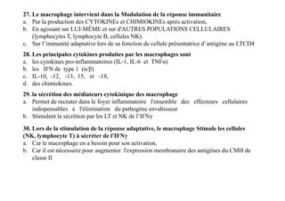 27. Le macrophage intervient dans la Modulation de la réponse immunitaire
a. Par la production des CYTOKINEs et CHIMIOKINEs après activation,
b. En agissant sur LUI-MÊME et sur d'AUTRES POPULATIONS CELLULAIRES
(lymphocytes T, lymphocyte B, cellules NK).
c. Sur l’immunité adaptative lors de sa fonction de cellule présentatrice d’antigéne au LTCD4
28. Les principales cytokines produites par les macrophages sont
a. les cytokines pro-inflammatoires (IL-1, IL-6 et TNFα)
b. les IFN de type 1 (α/β)
c. IL-10, -12, -13, 15, et -18,
d. des chimiokines.
29. la sécrétion des médiateurs cytokinique des macrophage
a. Permet de recruter dans le foyer inflammatoire l'ensemble des effecteurs cellulaires
indispensables à l'élimination du pathogène envahisseur
b. Stimulent la sécrétion par les LT et NK de l’IFNγ
29. la sécrétion des médiateurs cytokinique des macrophage
a. Permet de recruter dans le foyer inflammatoire l'ensemble des effecteurs cellulaires
indispensables à l'élimination du pathogène envahisseur
b. Stimulent la sécrétion par les LT et NK de l’IFNγ
30. Lors de la stimulation de la réponse adaptative, le macrophage Stimule les cellules
(NK, lymphocyte T) à sécréter de l'IFNγ
a. Car le macrophage en a besoin pour son activation,
b. Car il est nécessaire pour augmenter l'expression membranaire des antigènes du CMH de
classe II
 