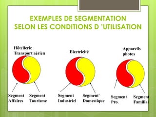 EXEMPLES DE SEGMENTATION
  SELON LES CONDITIONS D ’UTILISATION

  Hôtellerie                                         Appareils
  Transport aérien          Electricité              photos




Segment    Segment    Segment      Segment`     Segment   Segment
Affaires   Tourisme   Industriel   Domestique   Pro.      Familial
 