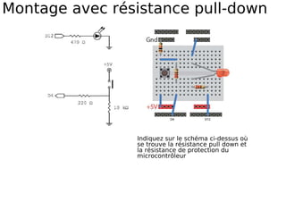 Montage avec résistance pull-down
Indiquez sur le schéma ci-dessus où
se trouve la résistance pull down et
la résistance de protection du
microcontrôleur
 
