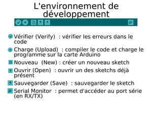 L'environnement de
développement
Vérifier (Verify) : vérifier les erreurs dans le
code
Charge (Upload) : compiler le code et charge le
programme sur la carte Arduino
Nouveau (New) : créer un nouveau sketch
Ouvrir (Open) : ouvrir un des sketchs déjà
présent
Sauvegarder (Save) : sauvegarder le sketch
Serial Monitor : permet d'accéder au port série
(en RX/TX)
 