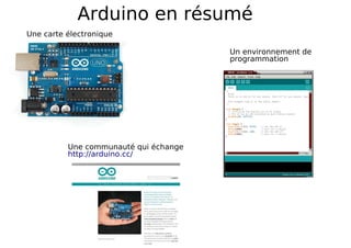 Arduino en résumé
Une carte électronique
Un environnement de
programmation
Une communauté qui échange
http://arduino.cc/
 
