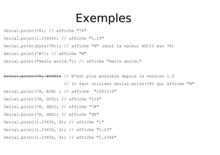 Exemples
Serial.print(78); // affiche "78"
Serial.print(1.23456); // affiche "1.23"
Serial.print(byte(78)); // affiche "N" (dont la valeur ASCII est 78)
Serial.print('N'); // affiche "N"
Serial.print("Hello world."); // affiche "Hello world."
Serial.print(78, BYTE); // N'est plus possible depuis la version 1.0
// Il faut utiliser Serial.write(78) qui affiche "N"
Serial.print(78, BIN) ; // affiche "1001110"
Serial.print(78, OCT); // affiche "116"
Serial.print(78, DEC); // affiche "78"
Serial.print(78, HEX); // affiche "4E"
Serial.print(1.23456, 0); // affiche "1"
Serial.print(1.23456, 2); // affiche "1.23"
Serial.print(1.23456, 4); // affiche "1.2346"
 