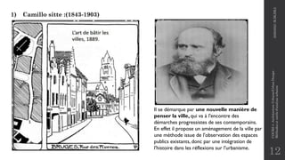 12
1) Camillo sitte :(1843-1903)
Il se démarque par une nouvelle manière de
penser la ville, qui va à l'encontre des
démarches progressistes de ses contemporains.
En effet il propose un aménagement de la ville par
une méthode issue de l'observation des espaces
publics existants, donc par une intégration de
l'histoire dans les réflexions sur l'urbanisme.
2020/2021
M.BLIBLI
COURS
4
-Architecture
Urbaine/Urban
Design
-
Méthodes
et
outils
d'analyse
urbaine
 