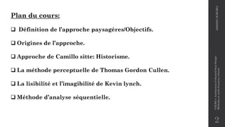 Plan du cours:
❑ Définition de l’approche paysagères/Objectifs.
❑ Origines de l’approche.
❑ Approche de Camillo sitte: Historisme.
❑ La méthode perceptuelle de Thomas Gordon Cullen.
❑ La lisibilité et l’imagibilité de Kevin lynch.
❑ Méthode d’analyse séquentielle.
2020/2021
M.BLIBLI
COURS
4
-Architecture
Urbaine/Urban
Design
-
Méthodes
et
outils
d'analyse
urbaine
2
 
