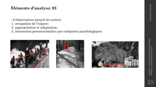 25
Eléments d’analyse: 03
–L’observateur perçoit les autres:
1. occupation de l’espace;
2. appropriation et adaptation;
3. interaction personne/milieu par catégories psychologiques
2020/2021
M.BLIBLI
COURS
4
-Architecture
Urbaine/Urban
Design
-
Méthodes
et
outils
d'analyse
urbaine
 