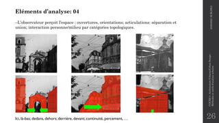 26
Eléments d’analyse: 04
–L’observateur perçoit l’espace : ouvertures, orientations; articulations: séparation et
union; interaction personne/milieu par catégories topologiques.
Ici, là-bas; dedans, dehors; derrière, devant; continuité, percement, …
2020/2021
M.BLIBLI
COURS
4
-Architecture
Urbaine/Urban
Design
-
Méthodes
et
outils
d'analyse
urbaine
 