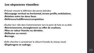 39
Les séquences visuelles:
Préciser ensuite la définition des parois latérales:
-Découpage vertical ou horizontal, écrans profils, ondulations.
-Relation entre les deux faces
-Déférence/indifférence/compétition
Etudier leur rôle dans l’acheminement vers le point de fuite et au-delà:
-Rétrécissement, étranglement ou effet de coulisses.
-Mise en valeur franche ou dérobée.
-Déflexion ou renvoi.
-Bornage.
Enfin chercher à caractériser la clôture frontale du champ visuel:
-Diaphragme et cadrage.
 