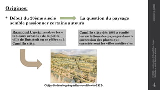Origines:
* Début du 20ème siècle La question du paysage
semble passionner certains auteurs
4
Raymond Unwin analyse les «
tableaux urbains » de la petite
ville de Buttstedt en se référant à
Camillo sitte.
Camillo sitte dès 1889 a étudié
les variations des paysages dans la
succession des places qui
caractérisent les villes médiévales.
CitéjardindéveloppéeparRaymondUnwin-1912-
2020/2021
M.BLIBLI
COURS
4
-Architecture
Urbaine/Urban
Design
-
Méthodes
et
outils
d'analyse
urbaine
 