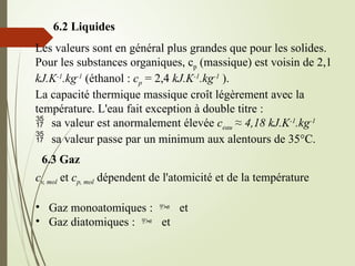 6.2 Liquides
Les valeurs sont en général plus grandes que pour les solides.
Pour les substances organiques, cp (massique) est voisin de 2,1
kJ.K-1
.kg-1
(éthanol : cp = 2,4 kJ.K-1
.kg-1
).
La capacité thermique massique croît légèrement avec la
température. L'eau fait exception à double titre :
 sa valeur est anormalement élevée ceau ≈ 4,18 kJ.K-1
.kg-1
 sa valeur passe par un minimum aux alentours de 35°C.
6.3 Gaz
cv, mol et cp, mol dépendent de l'atomicité et de la température
• Gaz monoatomiques :  et
• Gaz diatomiques :  et
 