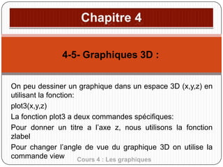 4-5- Graphiques 3D :
On peu dessiner un graphique dans un espace 3D (x,y,z) en
utilisant la fonction:
plot3(x,y,z)
La fonction plot3 a deux commandes spécifiques:
Pour donner un titre a l’axe z, nous utilisons la fonction
zlabel
Pour changer l’angle de vue du graphique 3D on utilise la
commande view
Cours 4 : Les graphiques

 