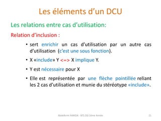 Les éléments d’un DCU
Les relations entre cas d’utilisation:
Relation d’inclusion :
• sert enrichir un cas d’utilisation p...