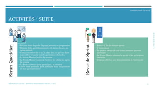 LEPROCÉDÉSCRUM
INTRODUCTION À SCRUM
ACTIVITÉS - SUITE
13
ScrumQuotidien
•Réunion dans laquelle l’équipe présente sa progression
•Réunion faite quotidiennement, à la même heure, au
même endroit
•Chaque membre dit ce qu’il a fait hier, ce qu’il va faire
aujourd’hui et quels sont les principaux obstacles
•Le Scrum Master facilite la réunion
•Le Scrum Master essaiera d’enlever les obstacles après
la réunion
•Le Product Owner peut participer à la réunion
•Toute autre personne peut participer mais uniquement
en tant qu’observateur
RevuedeSprint
•Faite à la fin de chaque sprint
•4 heures max
•Le product owner et tout autre personne peuvent
participer
•Le Scrum Master résume le sprint et les principaux
obstacles
•L’équipe effectue une démonstration de l’incrément
MÉTHODES AGILES | MOSTEFAI MOHAMMED AMINE | © 2017
 