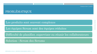 SCRUMDESSCRUMS
INTRODUCTION À SCRUM
PROBLÉMATIQUE
MÉTHODES AGILES | MOSTEFAI MOHAMMED AMINE | © 2017 22
Les produits sont souvent complexes
Les équipes Scrum sont des équipes réduites
Difficulté de planifier, superviser ou réunir les collaborateurs
Solution : Scrum des Scrums
 