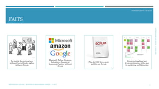 SECTION1:FAITSETHISTORIQUE
INTRODUCTION À SCRUM
FAITS
4
La moitié des entreprises
utilisant les méthodes agiles,
utilisent Scrum
Microsoft, Yahoo, Siemens,
Salesforce, Amazon et
beaucoup d’autres utilisent
Scrum
Plus de 1000 livres sont
publiés sur Scrum
Scrum est appliqué sur
d’autres domaines telles que
le marketing ou l’éducation
MÉTHODES AGILES | MOSTEFAI MOHAMMED AMINE | © 2017
 